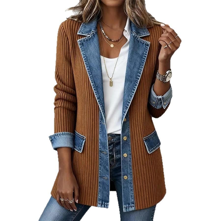 7a28018d-0dd0-40b9-88e2-52da72582471.jpg Womens Casual Denim Patchwork Ribbed Lapel Jacket Suit - Image 2