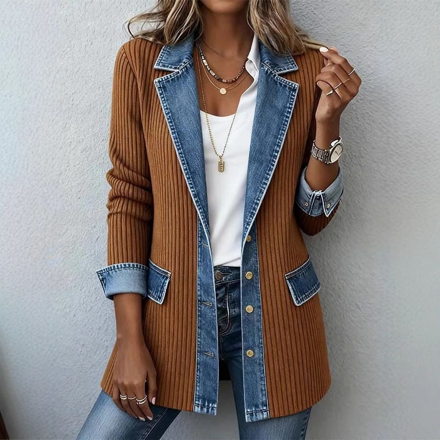 aa4dfba3-2af2-4195-a33e-23d04a5a9b77.jpg Womens Casual Denim Patchwork Ribbed Lapel Jacket Suit - Image 4