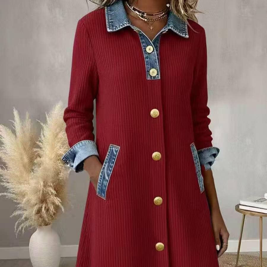 e186936b-15e9-4395-b376-852fb878366a.jpg Womens Buttoned Long-Sleeve Corduroy Patchwork Denim Dress - Image 4