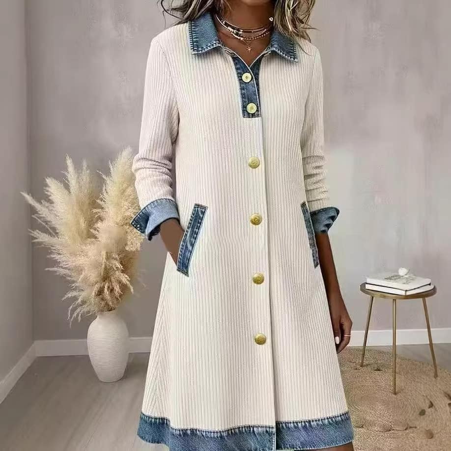 7a28b26b-05d3-4fc7-9229-200110d249f8.jpg Womens Buttoned Long-Sleeve Corduroy Patchwork Denim Dress