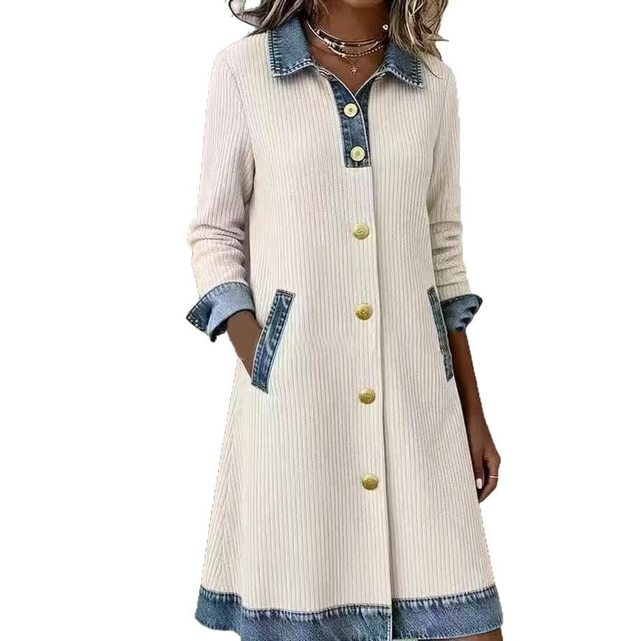 a7dbef75-d264-46e7-be5e-261913de2406.jpg Womens Buttoned Long-Sleeve Corduroy Patchwork Denim Dress - Image 3