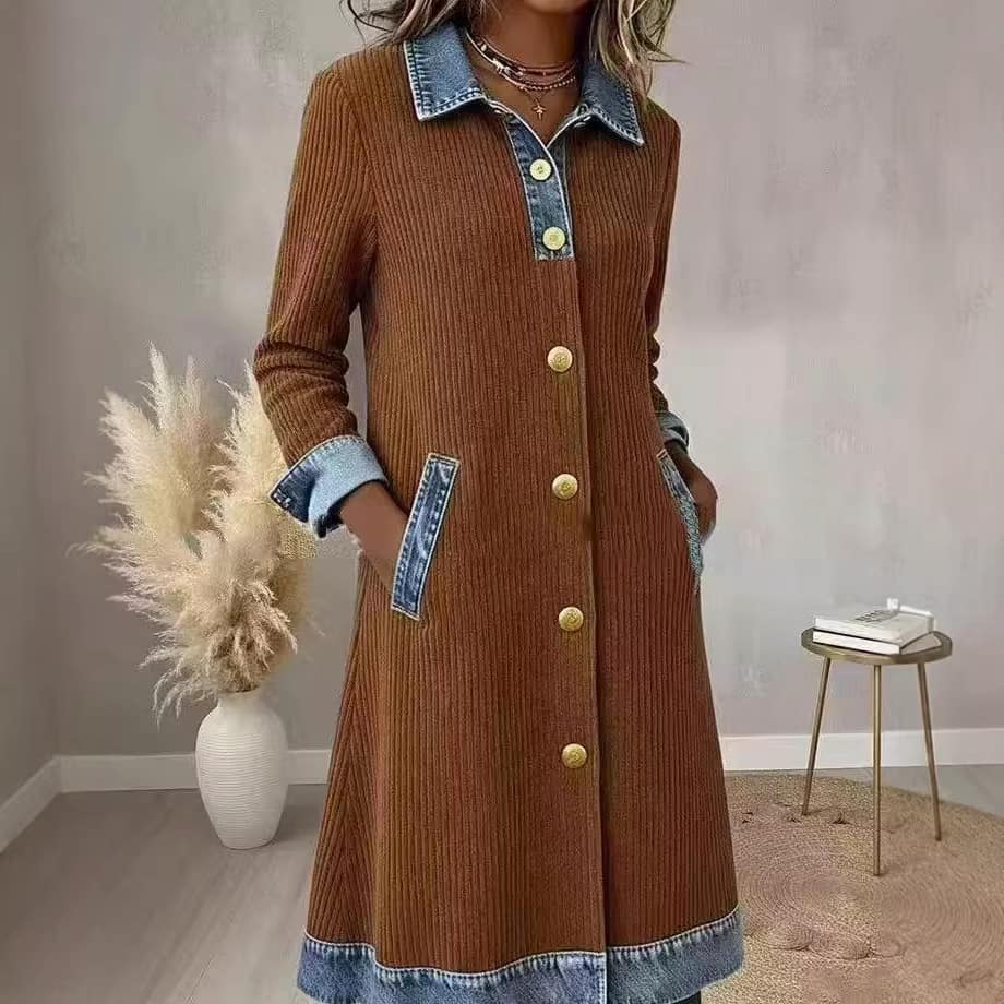 3d303051-c25b-4ec5-a4d7-6ff9cc3aaa66.jpg Womens Buttoned Long-Sleeve Corduroy Patchwork Denim Dress - Image 2